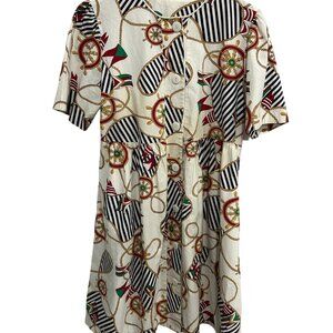 Vintage Nautical Print Short Sleeve Hidden Pockets Button-Front Dress Retro Prep